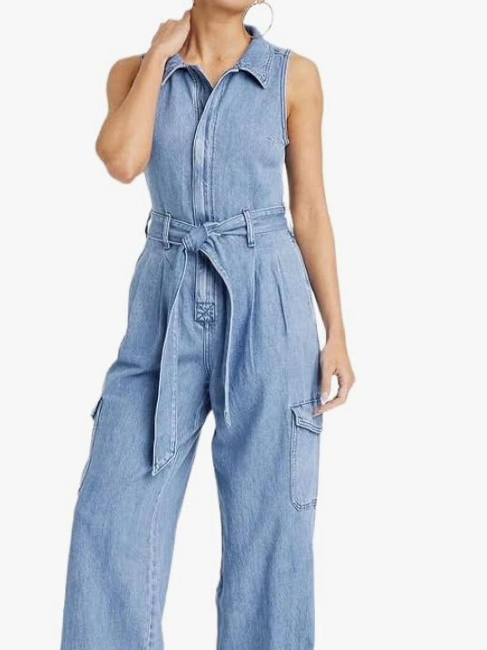 Universal Thread Light Blue Sleeveless Denim Jumpsuit with Tie Belt Size 6.